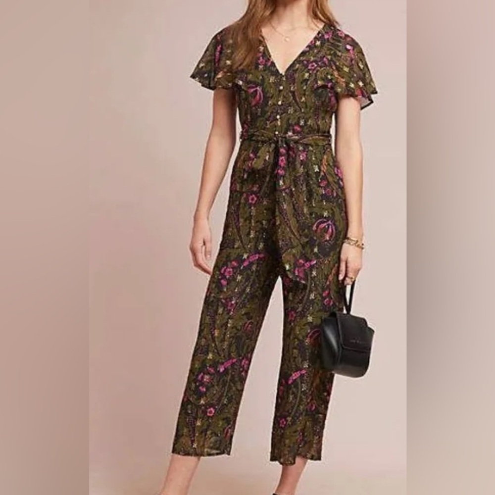Anthropologie Ett Twa Brenda Jumpsuit Green Gold Floral Flutter Sleeve Size 12P